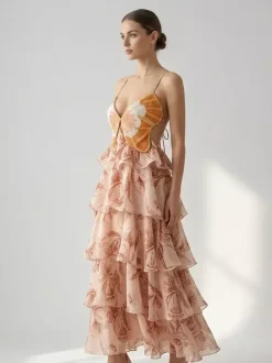 Vacation Dresses Maxi Backless Ruffles Sleeveless V-Neck Chic Orange Red Dresses