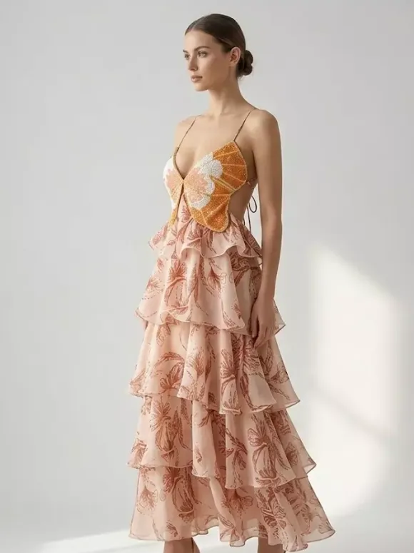 Vacation Dresses Maxi Backless Ruffles Sleeveless V-Neck Chic Orange Red Dresses