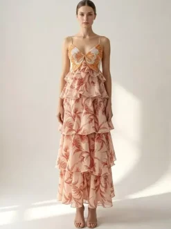 Vacation Dresses Maxi Backless Ruffles Sleeveless V-Neck Chic Orange Red Dresses