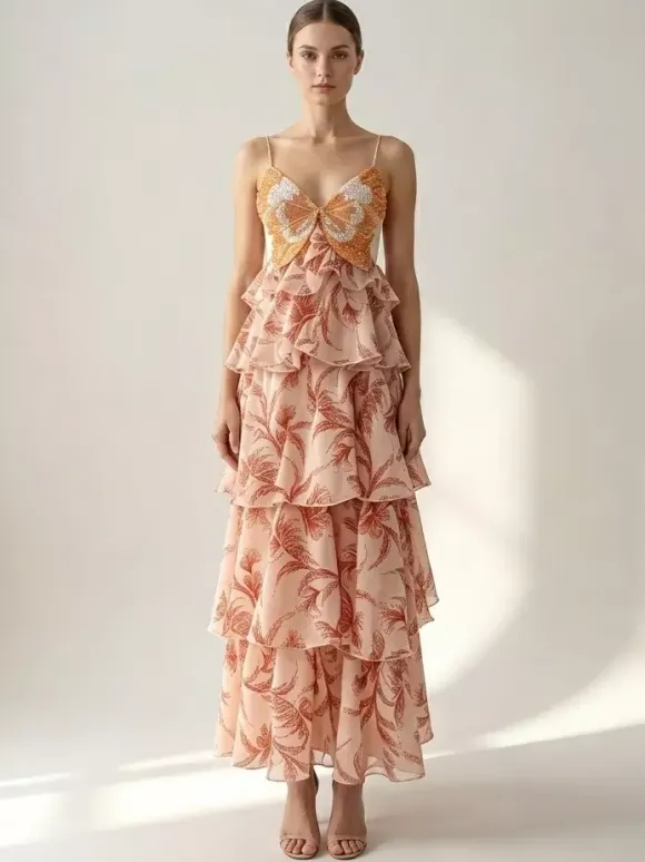 Vacation Dresses Maxi Backless Ruffles Sleeveless V-Neck Chic Orange Red Dresses