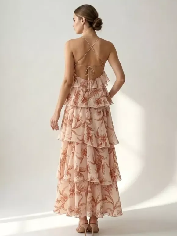 Vacation Dresses Maxi Backless Ruffles Sleeveless V-Neck Chic Orange Red Dresses