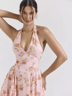 Vacation Dresses Maxi Backless Flowers Lace Up Sleeveless Floral Print Halter Sweet Pink Dress