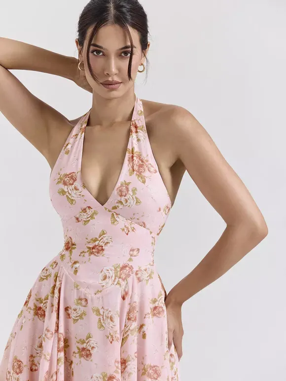 Vacation Dresses Maxi Backless Flowers Lace Up Sleeveless Floral Print Halter Sweet Pink Dress