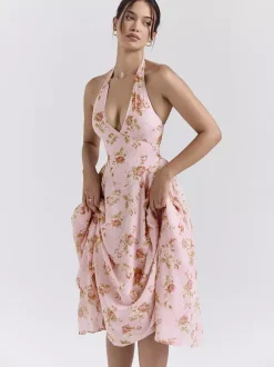 Vacation Dresses Maxi Backless Flowers Lace Up Sleeveless Floral Print Halter Sweet Pink Dress