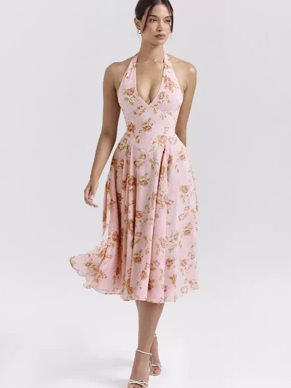 Vacation Dresses Maxi Backless Flowers Lace Up Sleeveless Floral Print Halter Sweet Pink Dress