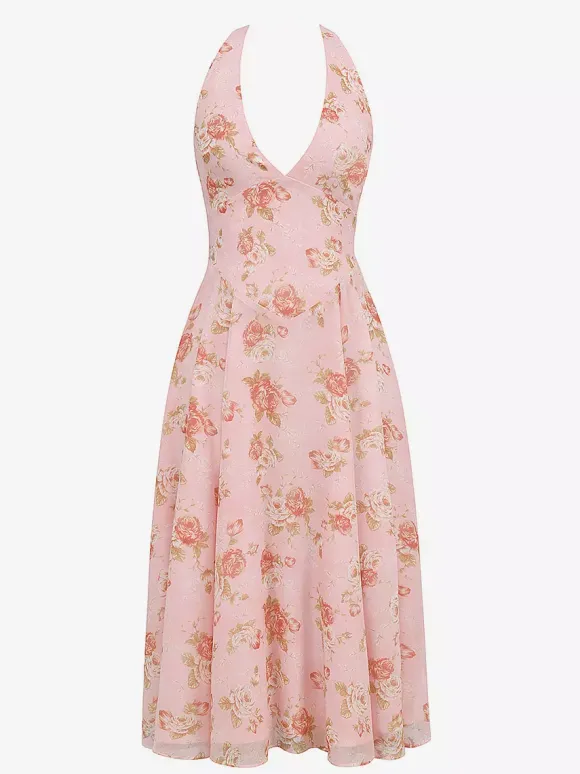 Vacation Dresses Maxi Backless Flowers Lace Up Sleeveless Floral Print Halter Sweet Pink Dress