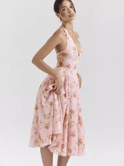 Vacation Dresses Maxi Backless Flowers Lace Up Sleeveless Floral Print Halter Sweet Pink Dress