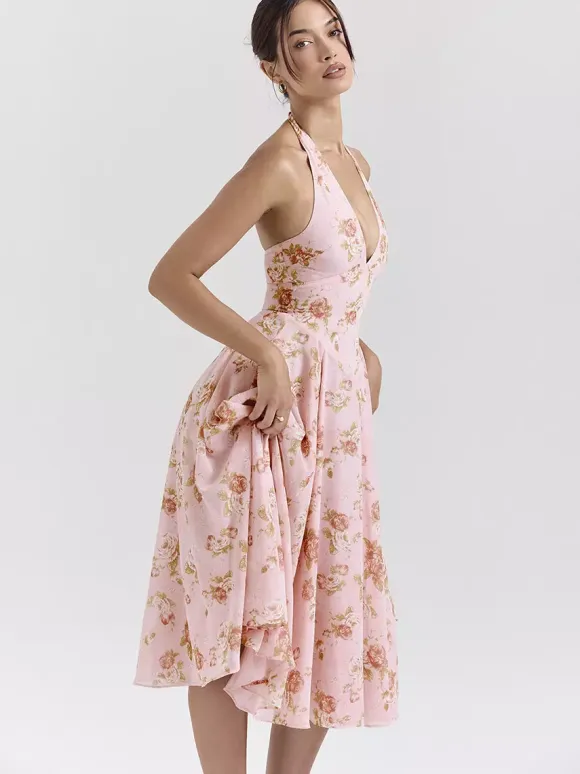 Vacation Dresses Maxi Backless Flowers Lace Up Sleeveless Floral Print Halter Sweet Pink Dress