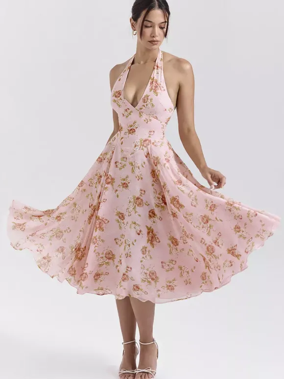 Vacation Dresses Maxi Backless Flowers Lace Up Sleeveless Floral Print Halter Sweet Pink Dress