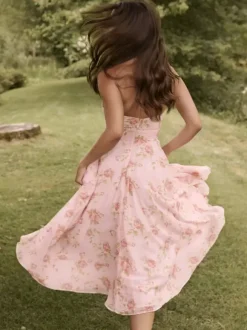 Vacation Dresses Maxi Backless Flowers Lace Up Sleeveless Floral Print Halter Sweet Pink Dress