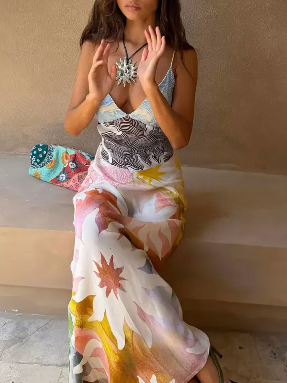 Vacation Dresses Maxi Backless Sleeveless Floral Print V-Neck Chic Yellow Dress