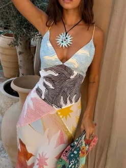 Vacation Dresses Maxi Backless Sleeveless Floral Print V-Neck Chic Yellow Dress