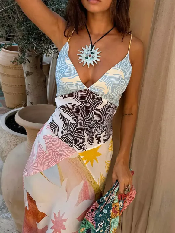 Vacation Dresses Maxi Backless Sleeveless Floral Print V-Neck Chic Yellow Dress