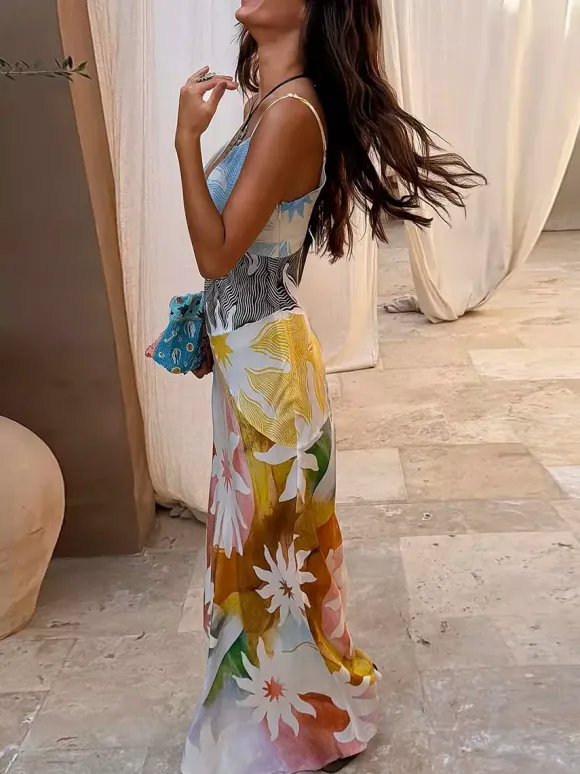 Vacation Dresses Maxi Backless Sleeveless Floral Print V-Neck Chic Yellow Dress