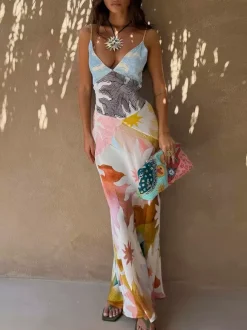 Vacation Dresses Maxi Backless Sleeveless Floral Print V-Neck Chic Yellow Dress
