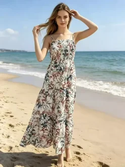 Vacation Dresses Maxi Backless Pleated Sleeveless Straps Neck Chic Light Sky Blue Dress