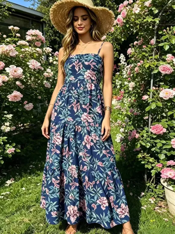 Vacation Dresses Maxi Backless Pleated Sleeveless Straps Neck Chic Light Sky Blue Dress