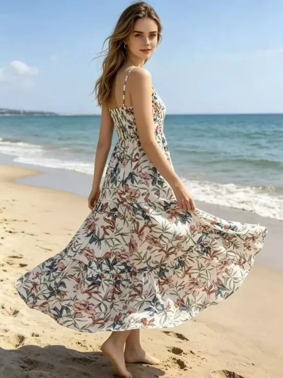 Vacation Dresses Maxi Backless Pleated Sleeveless Straps Neck Chic Light Sky Blue Dress