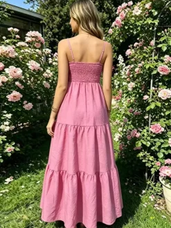 Vacation Dresses Maxi Backless Pleated Sleeveless Straps Neck Chic Light Sky Blue Dress