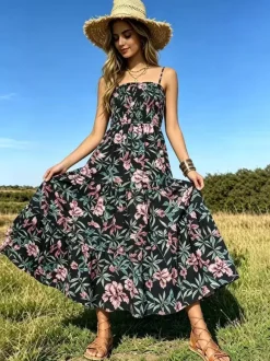 Vacation Dresses Maxi Backless Pleated Sleeveless Straps Neck Chic Light Sky Blue Dress