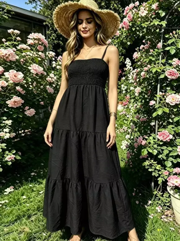 Vacation Dresses Maxi Backless Pleated Sleeveless Straps Neck Chic Light Sky Blue Dress