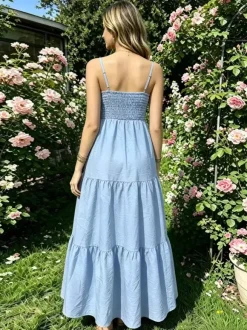 Vacation Dresses Maxi Backless Pleated Sleeveless Straps Neck Chic Light Sky Blue Dress