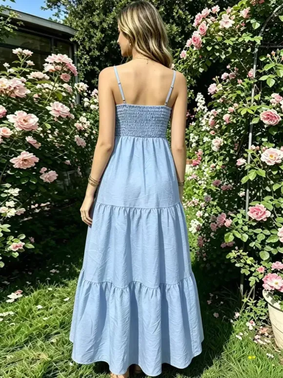 Vacation Dresses Maxi Backless Pleated Sleeveless Straps Neck Chic Light Sky Blue Dress