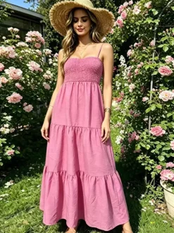 Vacation Dresses Maxi Backless Pleated Sleeveless Straps Neck Chic Light Sky Blue Dress