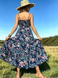 Vacation Dresses Maxi Backless Pleated Sleeveless Straps Neck Chic Light Sky Blue Dress