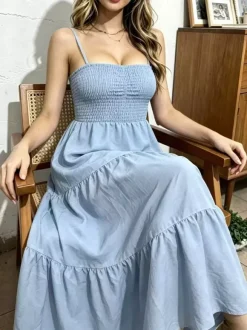 Vacation Dresses Maxi Backless Pleated Sleeveless Straps Neck Chic Light Sky Blue Dress