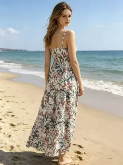 Vacation Dresses Maxi Backless Pleated Sleeveless Straps Neck Chic Light Sky Blue Dress