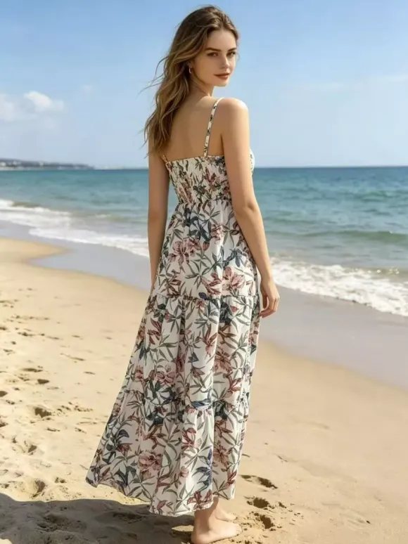 Vacation Dresses Maxi Backless Pleated Sleeveless Straps Neck Chic Light Sky Blue Dress