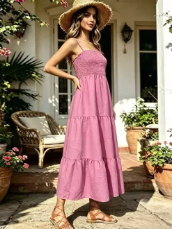 Vacation Dresses Maxi Backless Pleated Sleeveless Straps Neck Chic Light Sky Blue Dress