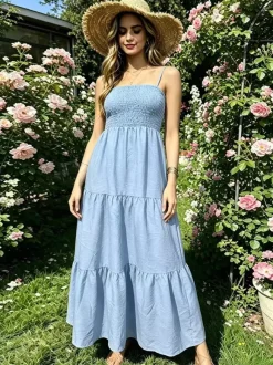 Vacation Dresses Maxi Backless Pleated Sleeveless Straps Neck Chic Light Sky Blue Dress