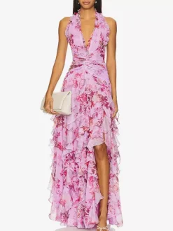 Vacation Dresses Maxi Backless Lace Up Pleated Sleeveless Floral Print V-Neck Sweet Light Gray Dress