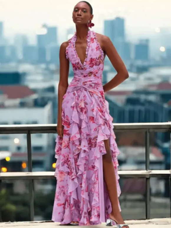 Vacation Dresses Maxi Backless Lace Up Pleated Sleeveless Floral Print V-Neck Sweet Light Gray Dress