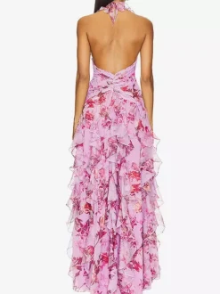 Vacation Dresses Maxi Backless Lace Up Pleated Sleeveless Floral Print V-Neck Sweet Light Gray Dress