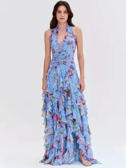 Vacation Dresses Maxi Backless Lace Up Pleated Sleeveless Floral Print V-Neck Sweet Light Gray Dress