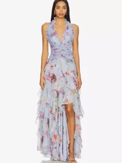 Vacation Dresses Maxi Backless Lace Up Pleated Sleeveless Floral Print V-Neck Sweet Light Gray Dress