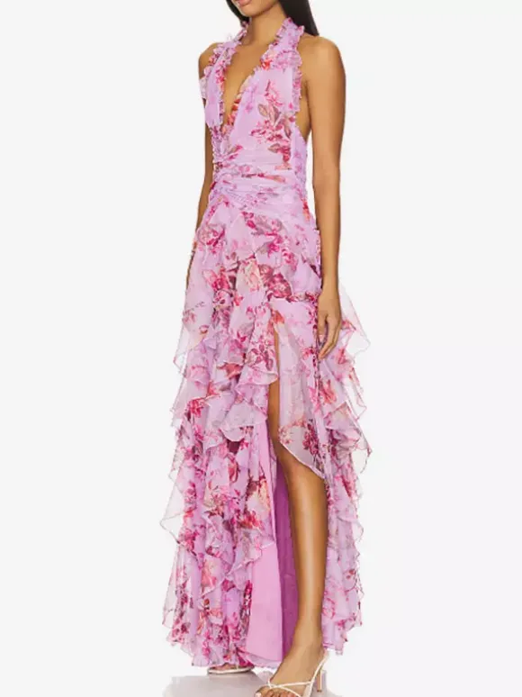 Vacation Dresses Maxi Backless Lace Up Pleated Sleeveless Floral Print V-Neck Sweet Light Gray Dress