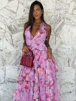 Vacation Dresses Maxi Backless Lace Up Pleated Sleeveless Floral Print V-Neck Sweet Light Gray Dress