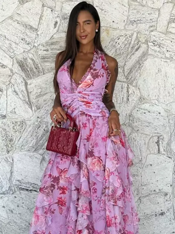 Vacation Dresses Maxi Backless Lace Up Pleated Sleeveless Floral Print V-Neck Sweet Light Gray Dress