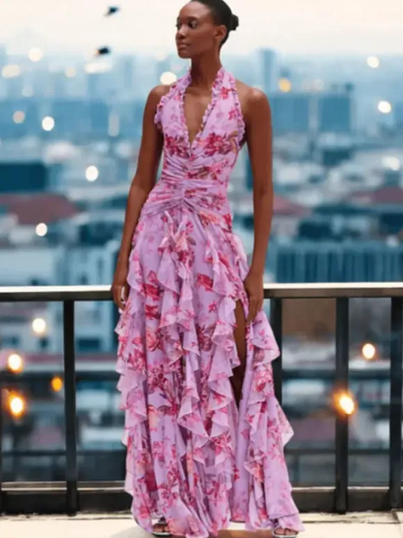 Vacation Dresses Maxi Backless Lace Up Pleated Sleeveless Floral Print V-Neck Sweet Light Gray Dress