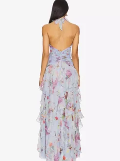 Vacation Dresses Maxi Backless Lace Up Pleated Sleeveless Floral Print V-Neck Sweet Light Gray Dress