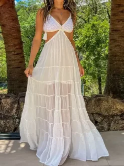 Vacation Dresses Maxi Backless Sleeveless V-Neck Sexy White Long Dress