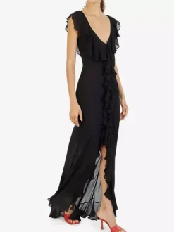 Vacation Dresses Maxi Backless Ruffles Pleated Short Sleeves Floral Print V-Neck Petal Sleeves Chic Orange Dress