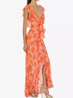 Vacation Dresses Maxi Backless Ruffles Pleated Short Sleeves Floral Print V-Neck Petal Sleeves Chic Orange Dress
