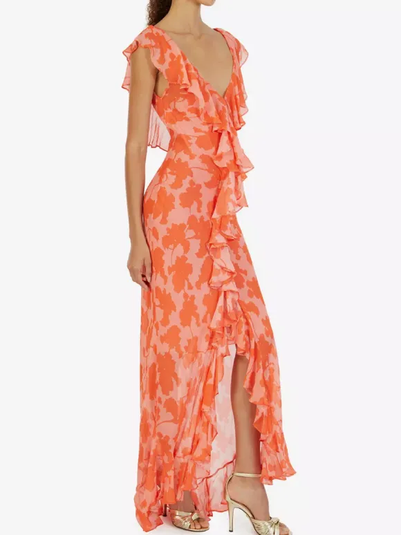 Vacation Dresses Maxi Backless Ruffles Pleated Short Sleeves Floral Print V-Neck Petal Sleeves Chic Orange Dress