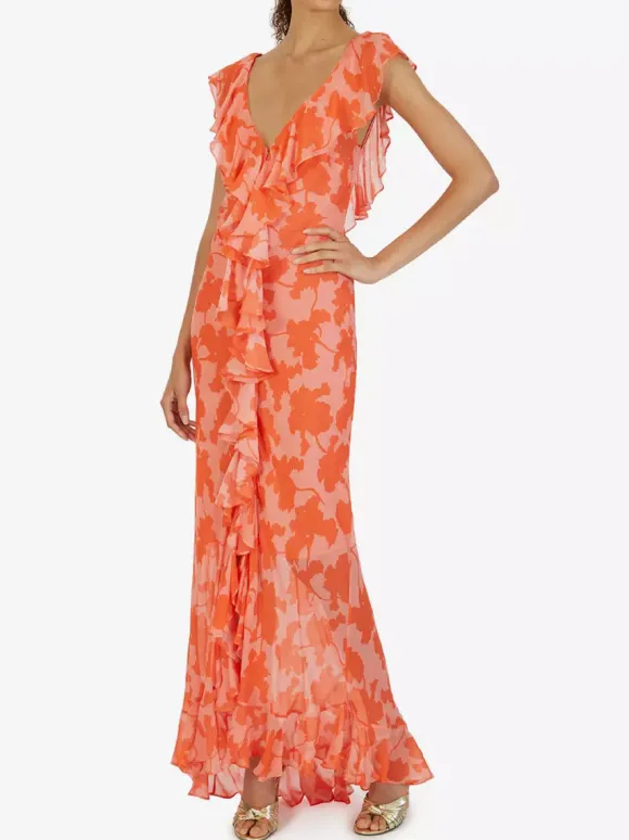 Vacation Dresses Maxi Backless Ruffles Pleated Short Sleeves Floral Print V-Neck Petal Sleeves Chic Orange Dress