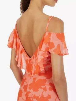 Vacation Dresses Maxi Backless Ruffles Pleated Short Sleeves Floral Print V-Neck Petal Sleeves Chic Orange Dress